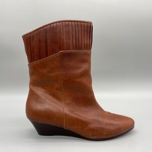 Frye Sam Boots Womens 6.5 M Cognac Brown Leather Pleated Wedge Boho Western Chic